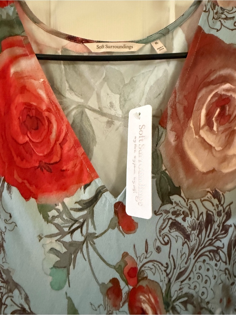 Soft Surroundings Floral V-Neck Tiered Maxi Dress - Sage with Red Rose Print - Picture 2 of 3